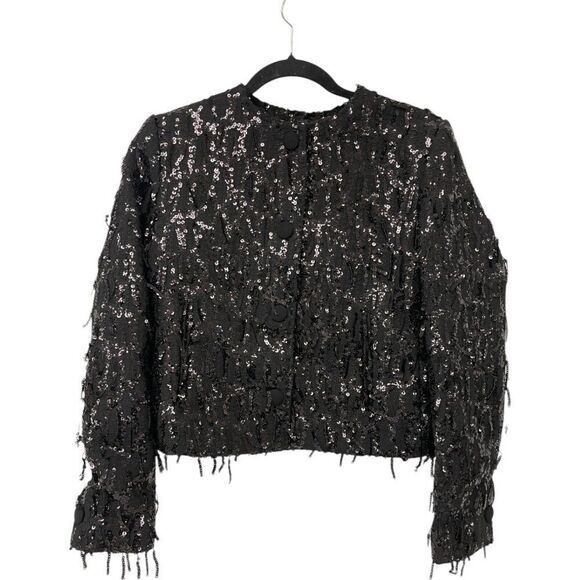 Zara Womens Sequin Jacket Blazer XS Black Fringed Textured Cropped 9659/630 NWOT - Picture 2 of 15